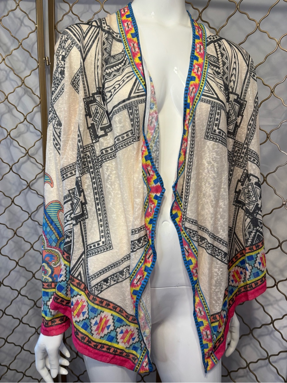 Flying Tomato Cream Open-Front Kimono Cardigan Wrap with Multicolor Edge in sz M